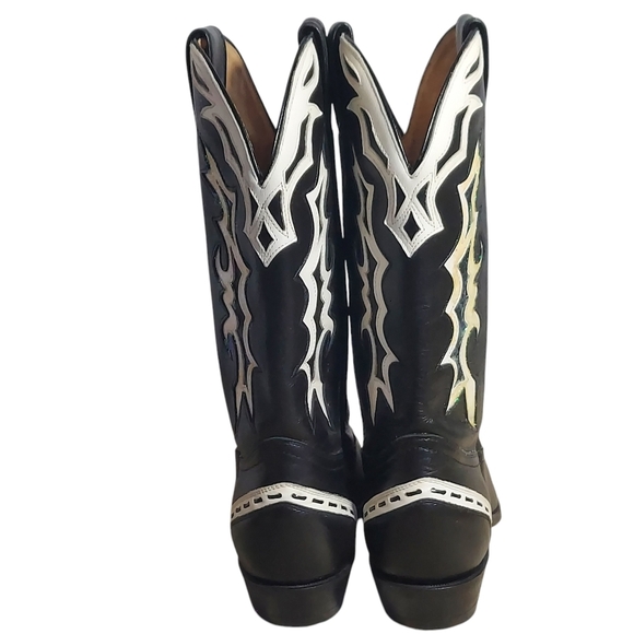 Boulet Black White Leather Glitter Overlays Pointed Toe Western Boots Women's - Picture 5 of 16